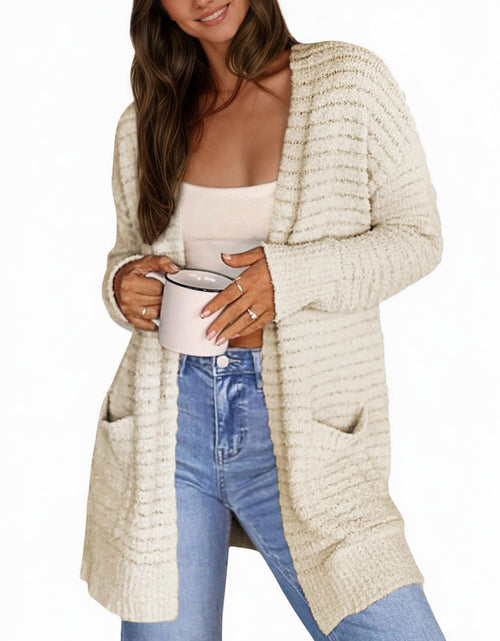 Load image into Gallery viewer, CiCiBird Women Long Fuzzy Knit Cardigan Sweater Open Front Beige Size XL
