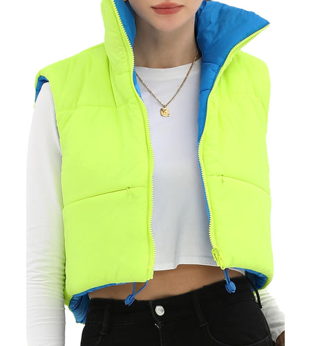 Xeoxarel Women's Reversible Puffer Cropped Vest Full Zip Sleeveless Green Blue M