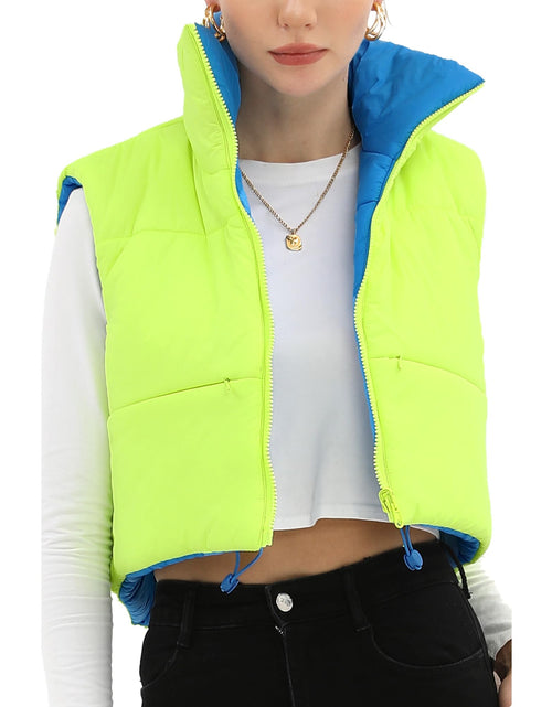 Load image into Gallery viewer, Xeoxarel Women's Reversible Puffer Cropped Vest Full Zip Sleeveless Green Blue M
