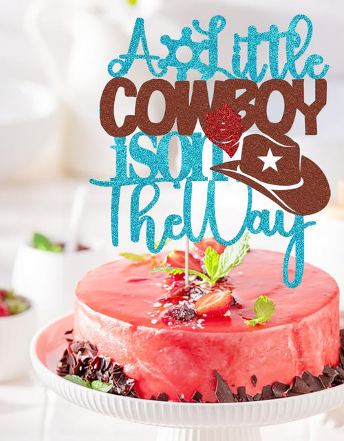 Load image into Gallery viewer, VQOUZVSR A Little Cowboy Is On The Way Cake Topper Blue Glitter Boy
