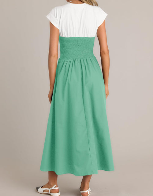 Load image into Gallery viewer, Wenrine Womens Casual Summer Midi Dress Smocked Cap Sleeve Green Size L
