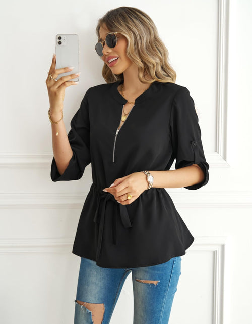 Load image into Gallery viewer, CiCiBird Womens Peplum Zip Blouse 3/4 Sleeve Work Shirt Black Size L
