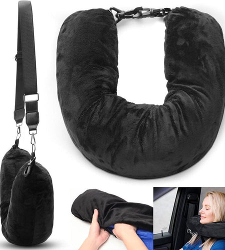 Airplane Travel Sleeping Pillow - U-Shaped Velvet Pillowcase, Fillable Design with Storage Pouch