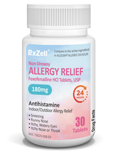 Load image into Gallery viewer, RXZELL Fexofenadine HCl 180mg 24-Hour Antihistamine Non-Drowsy 30 Count
