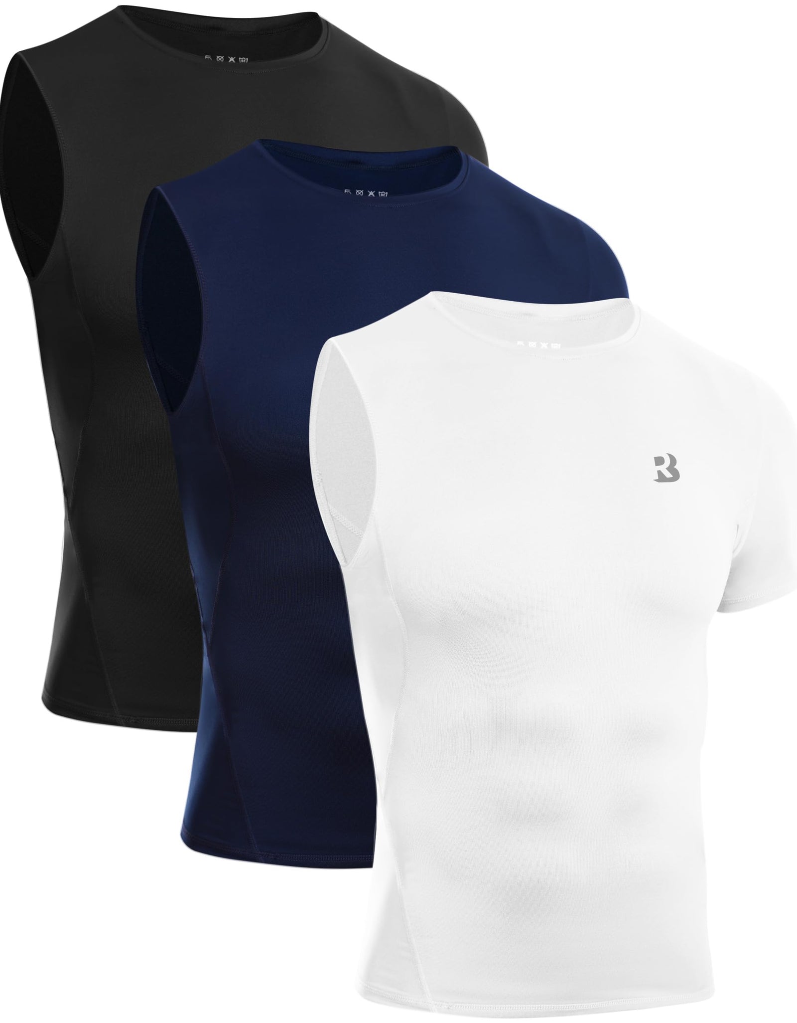 Roadbox Men's Compression Short Sleeve Athletic Shirt Black+White+Navy Size XL