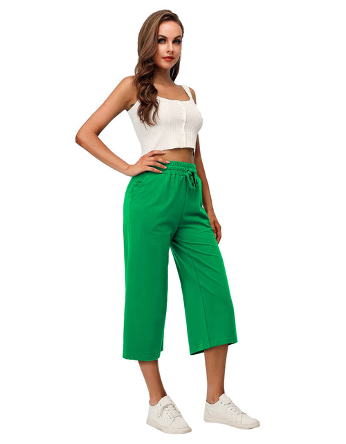 Load image into Gallery viewer, RESHE Womens Capri Pants Yoga Wide Leg Drawstring Pockets Green Size 2XL
