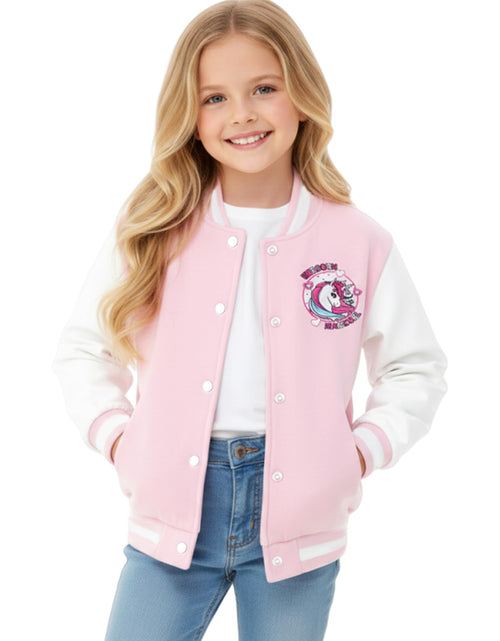 Load image into Gallery viewer, PATPAT Girls Varsity Baseball Jacket Light Pink Unicorn Coat Size 9-10 Years

