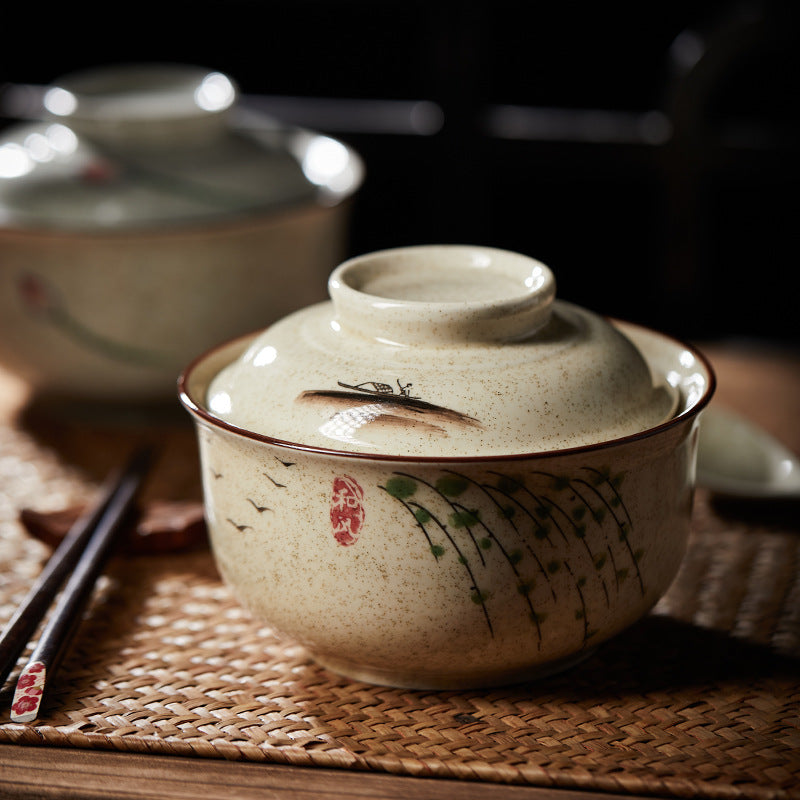 6.5 inch instant noodles bowl with cover bento box student underglaze color ceramic suit Lamian Noodles bowl canteen tableware