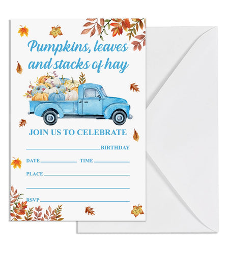 YGRBXJZD Fall Pumpkin Birthday Invitations Blue Truck 4x6 20 Sets Colorful