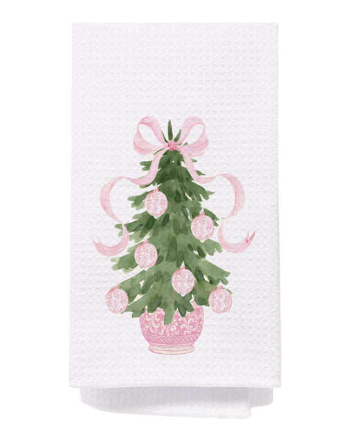 Load image into Gallery viewer, SPBL&amp;L Chinoiserie Christmas Kitchen Towels Pink Bow Tree 16x24 Inch Set of 2

