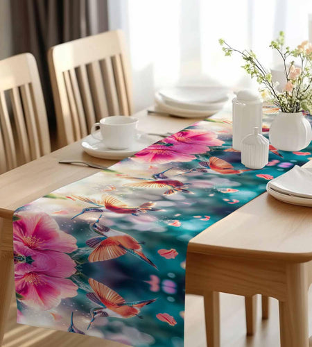 Perdecor Spring Hummingbird Pink Petals Table Runner 13x70in Cotton Linen