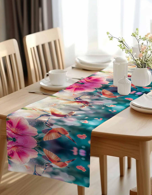 Load image into Gallery viewer, Perdecor Spring Hummingbird Pink Petals Table Runner 13x70in Cotton Linen
