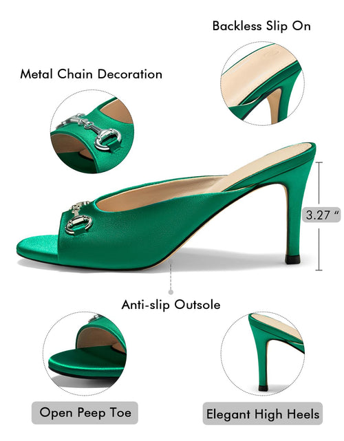 Load image into Gallery viewer, Coutgo Womens Slide Sandals Peep Toe Heeled Mules Metal Chain Green Size 8.5
