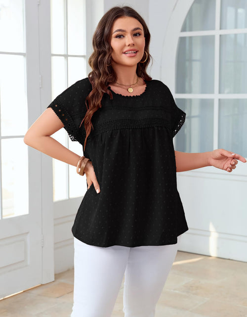 Load image into Gallery viewer, SHESTARR Women's Plus Size Crewneck Lace Crochet Short Sleeve Top Black XL Plus
