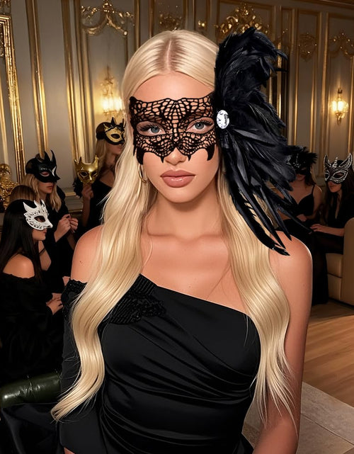 Load image into Gallery viewer, Livresse Fox Lace Feather Masquerade Mask Black Elastic Strap One Size
