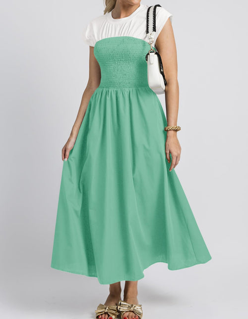 Load image into Gallery viewer, Wenrine Womens Casual Summer Midi Dress Smocked Cap Sleeve Green Size L
