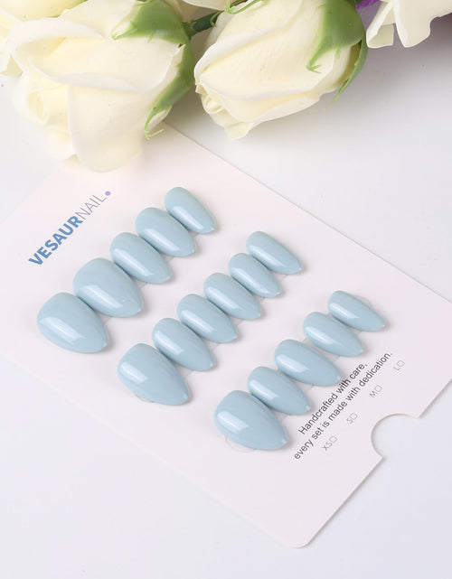 Load image into Gallery viewer, KBS Designer Handmade Press On Nails Blue Short French Tip Almond 16 Sizes Kit

