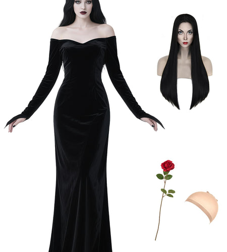 QUJQOM Halloween Gothic Dress Black V-neck Red Rose Wig Size L