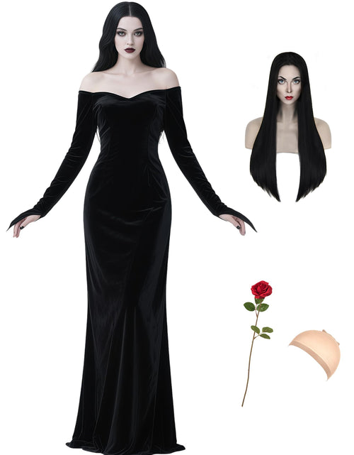 Load image into Gallery viewer, QUJQOM Halloween Gothic Dress Black V-neck Red Rose Wig Size L
