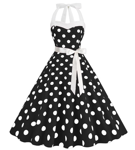 HAPNBCELE Vintage 1950s Halter Polka Dot Dress Black Size X-Large