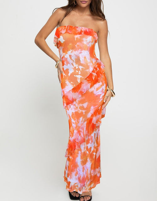 Load image into Gallery viewer, Oumrdeo Women's Strapless Floral Orange Maxi Dress Size L
