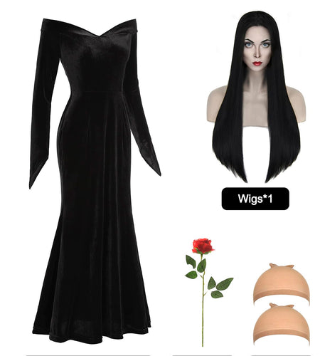 QUJQOM Halloween Gothic Dress Black V-neck Red Rose Wig Size L