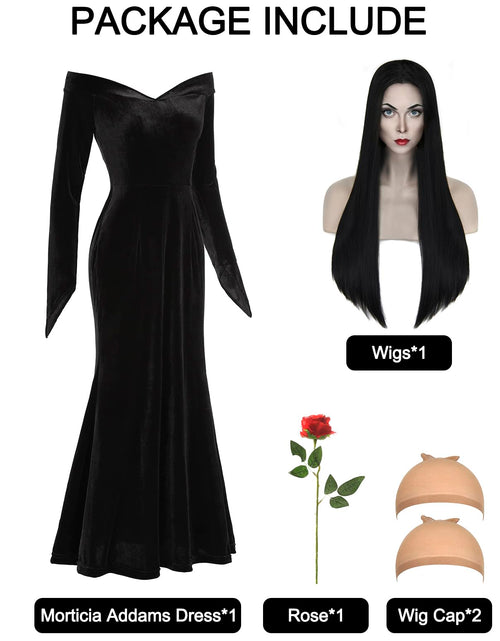 Load image into Gallery viewer, QUJQOM Halloween Gothic Dress Black V-neck Red Rose Wig Size L
