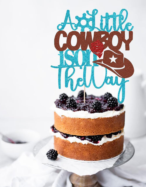 Load image into Gallery viewer, VQOUZVSR A Little Cowboy Is On The Way Cake Topper Blue Glitter Boy
