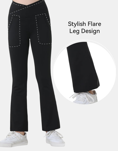 Load image into Gallery viewer, Kirinkylin Girls Flare Leggings 2 Pack V Cross Bootcut Pockets Black Size 10-11
