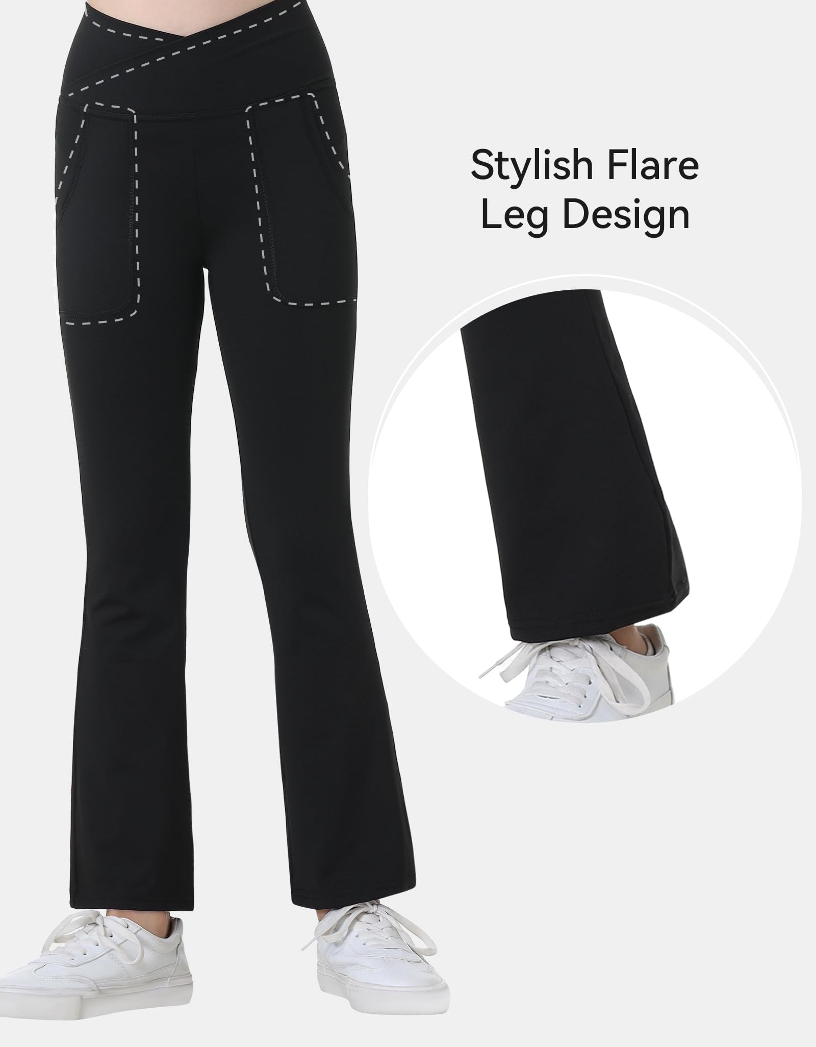 Kirinkylin Girls Flare Leggings 2 Pack V Cross Bootcut Pockets Black Size 10-11