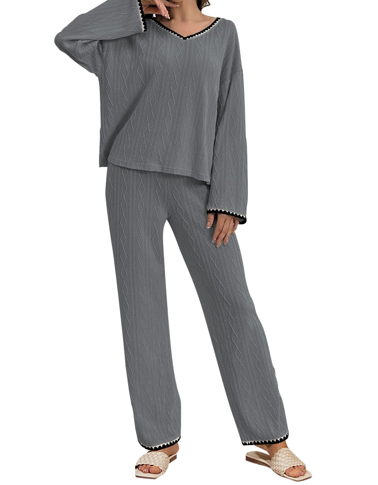 GUOLEZEEV Two Piece Lounge Set Soft Pajama Long Sleeve Pant Gray Size L