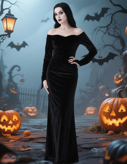 Load image into Gallery viewer, QUJQOM Halloween Gothic Dress Black V-neck Red Rose Wig Size L
