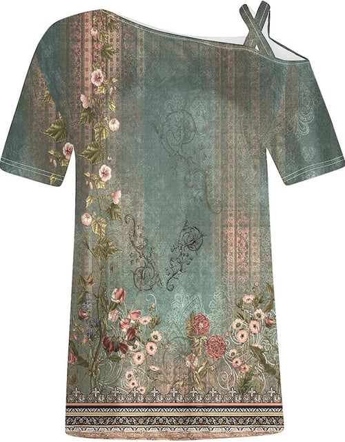 Load image into Gallery viewer, Decsth Womens Floral Boho One Shoulder Short Sleeve Shirt Green XL
