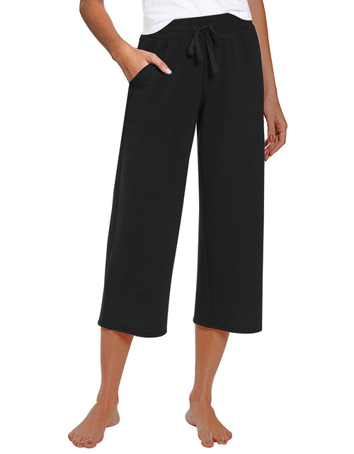 Load image into Gallery viewer, RESHE Womens Capri Pants Wide Leg Drawstring Lounge Yoga Navy Size S

