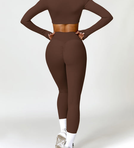 AGYMNX 2pc Workout Set Women Long Sleeve Crop Top High Waist Leggings Brown M