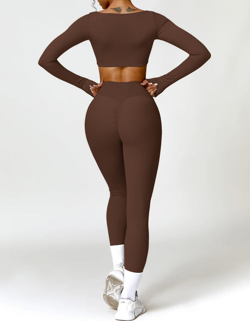 Load image into Gallery viewer, AGYMNX 2pc Workout Set Women Long Sleeve Crop Top High Waist Leggings Brown M
