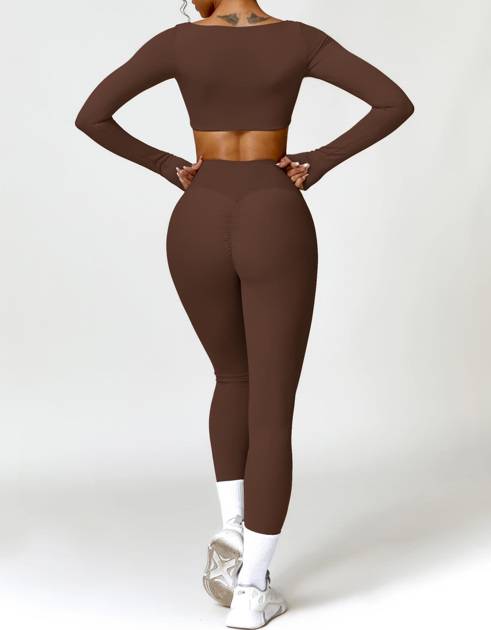 AGYMNX 2pc Workout Set Women Long Sleeve Crop Top High Waist Leggings Brown M