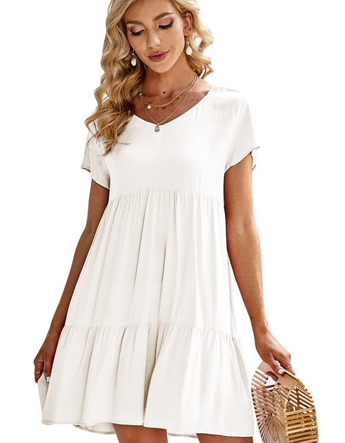 Load image into Gallery viewer, Fangetey Women's V-Neck Button Down Tunic Dress Short Sleeve White Size S
