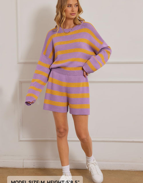 Load image into Gallery viewer, MEROKEETY Women's 2 Piece Sweater Set Striped Long Sleeve Shorts Purple Size S
