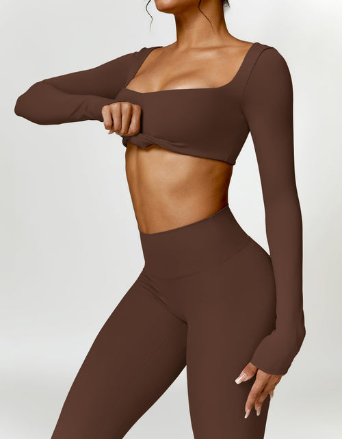Load image into Gallery viewer, AGYMNX 2pc Workout Set Women Long Sleeve Crop Top High Waist Leggings Brown M
