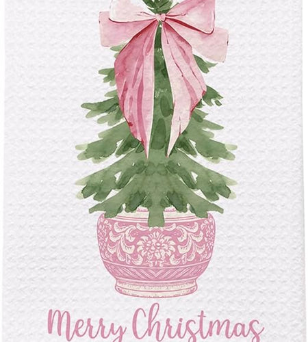 Chinoiserie Christmas Kitchen Towels Set of 2 Pink Bow 16x24 Inches
