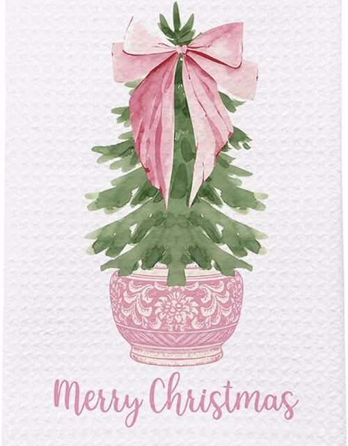 Load image into Gallery viewer, Chinoiserie Christmas Kitchen Towels Set of 2 Pink Bow 16x24 Inches
