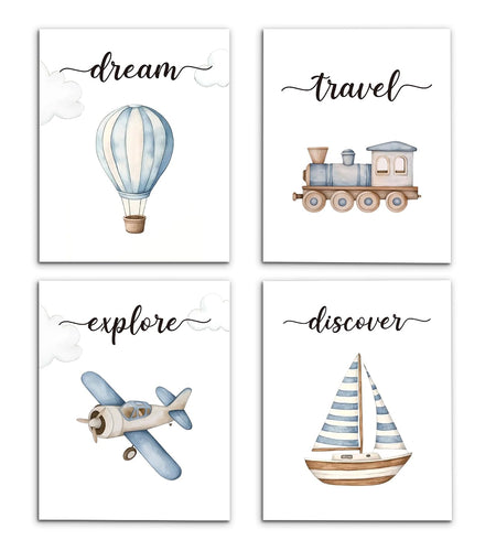 VIIJJUE Nursery Wall Art Set 4 Transportation Prints 8x10 Watercolor Blue