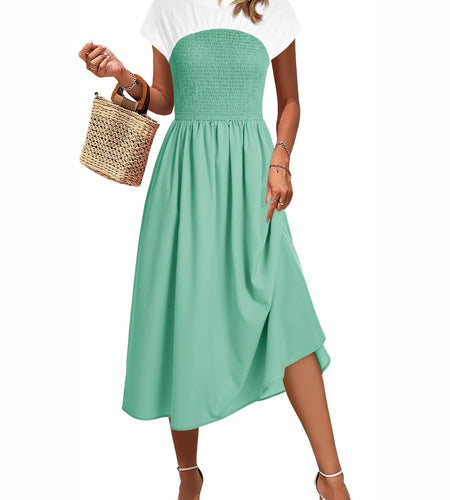 Wenrine Womens Casual Summer Midi Dress Smocked Cap Sleeve Green Size L