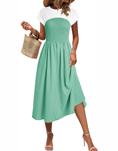 Load image into Gallery viewer, Wenrine Womens Casual Summer Midi Dress Smocked Cap Sleeve Green Size L
