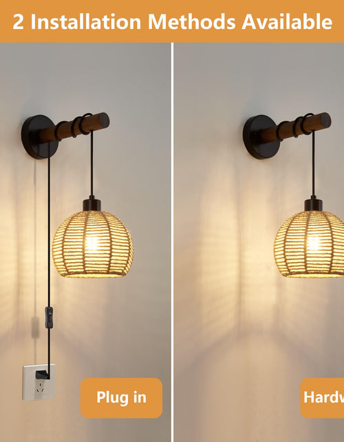Load image into Gallery viewer, SGLfarmty Boho Rattan Plug-in Wall Sconces Set of 2 Rustic Hemp Rope
