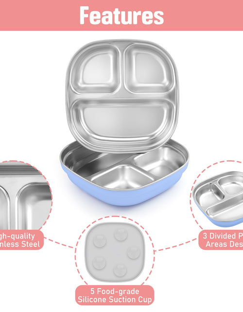 Load image into Gallery viewer, Flysich Stainless Steel Toddler Plate 2pc Divided Suction Blue Grey BPA Free

