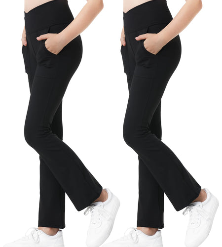 Kirinkylin Girls Flare Leggings 2 Pack V Cross Bootcut Pockets Black Size 10-11