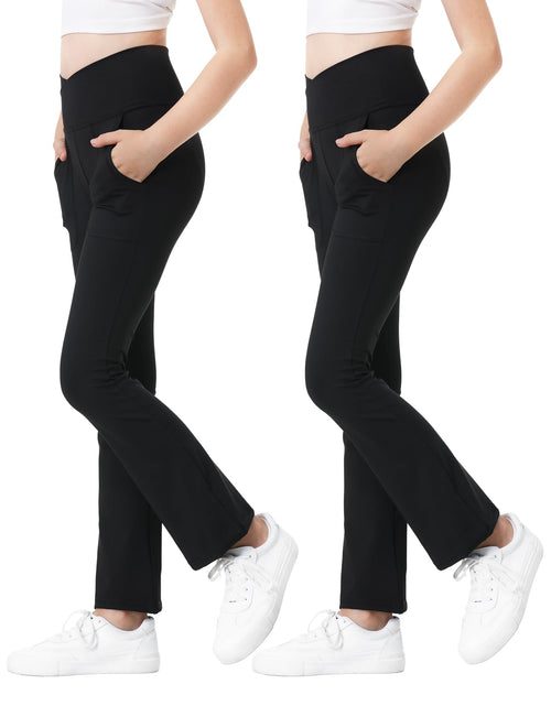 Load image into Gallery viewer, Kirinkylin Girls Flare Leggings 2 Pack V Cross Bootcut Pockets Black Size 10-11
