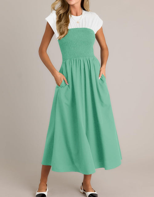 Load image into Gallery viewer, Wenrine Womens Casual Summer Midi Dress Smocked Cap Sleeve Green Size L
